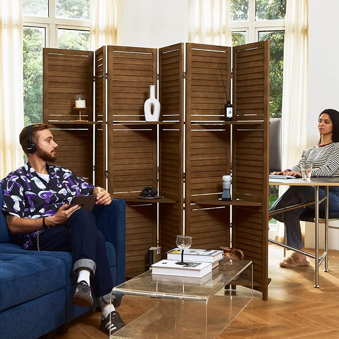 Partition Room Dividers, Folding Wood Privacy Screen with Three Display Shelves Suitable for Home Office, Study, Art Display - 6 Panel, 67 * 77inch (Brown)