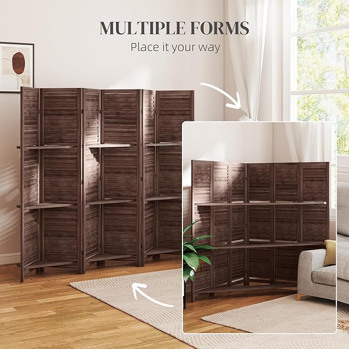 HOMCOM Room Divider, 6 Panel 67" Tall Wood Privacy Screen with 3 Display Shelves, and Folding Storage for Bedroom or Home Office, Walnut