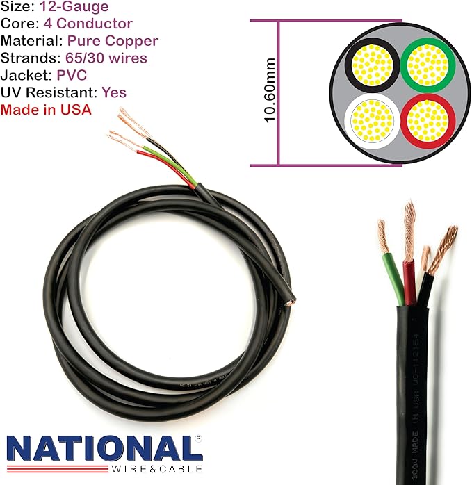 NATIONAL Wire & Cable – 12 AWG 4-Conductor Premium Copper Wire, 25 ft, Stranded | Made in USA, Heavy-Duty Flexible Jacket | Automotive, Solar, Home, RV, Indoor and Outdoor Use