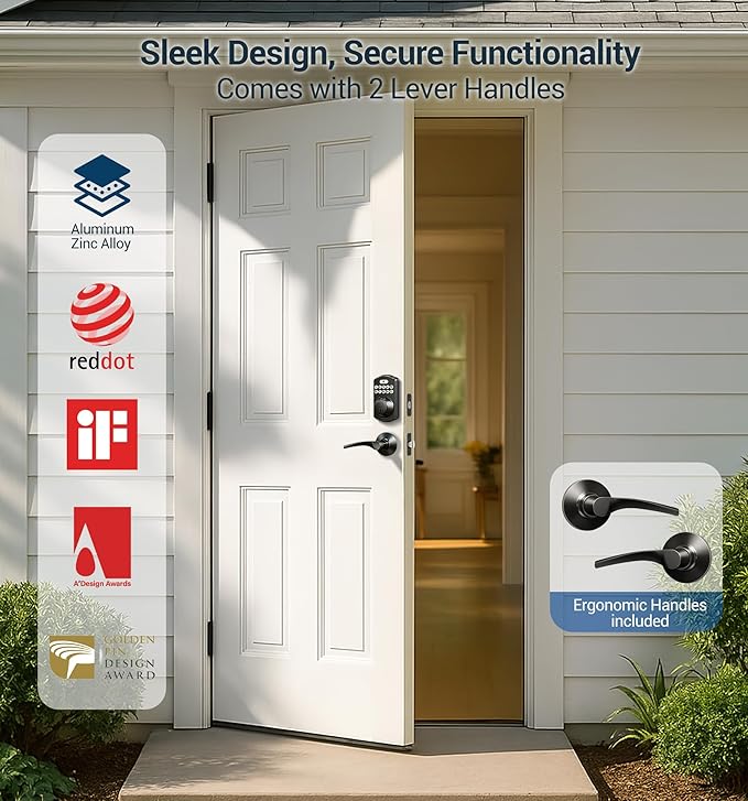 Veise Fingerprint Door Lock with 2 Lever Handles - Keyless Entry Door Lock, Electronic Keypad Deadbolt, Digital Smart Code & Front Handle Sets, Auto-Locking, Easy Installation, Matte Black