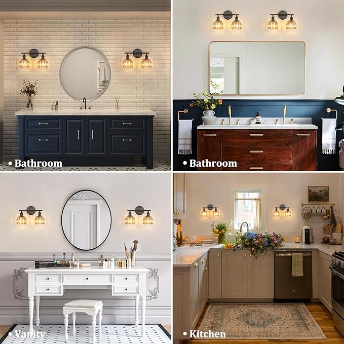 Shenmoyl Bathroom Light Fixtures, 2-Light Black Vanity Wall Light Over Mirror with Amber Tulip Glass Shade for Bedroom Living Room (Bulb Not Included)