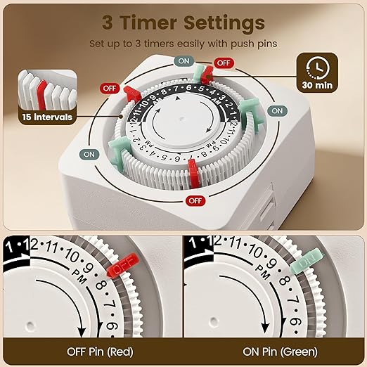 SURAIELEC Mechanical Timer with 2 Grounded Outlets, Indoor Electrical Plug in Timer with Trippers, 24-Hour Programmable and 3 Prong for Christmas Decorations, Plant Lights, Fan, 15A, White, 2 Pack