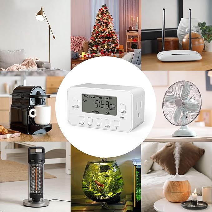BN-LINK 7-Day Heavy Duty Digital Timer with Dual Outlet, LCD Display, 3-Prong Programmable Design, for Lights, Fans, Coffee Machine, Home, Office, Indoor Use, 125V 15A 1875W, 2 Pack