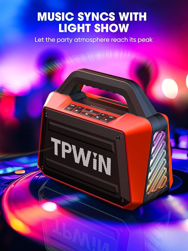 TPWIN Portable Bluetooth Speakers - Wireless Speaker 80W Peak, Loud Speaker with Light, Strong Bass, BT 5.3, TWS, IPX6 Waterproof, 20H Playtime for Home Party Outdoor Beach Camping - Red