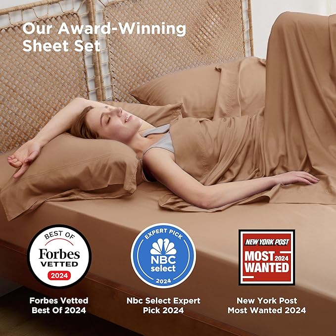 Bedsure King Size Sheets Set, Cooling Sheets for Hot Sleepers, Rayon Derived from Bamboo, Breathable & Soft, Deep Pocket Up to 16 Inches, Hotel Luxury Silky Bedding, Khaki