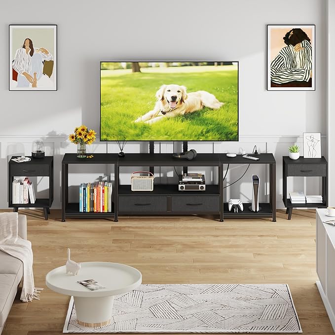 GYIIYUO LED TV Stand with Mount and Power Outlet & Fabric Drawers for 32-85 Inches TV - Entertainment Center and Industrial TV Console Table for Living Room, Bedroom- 47" Black