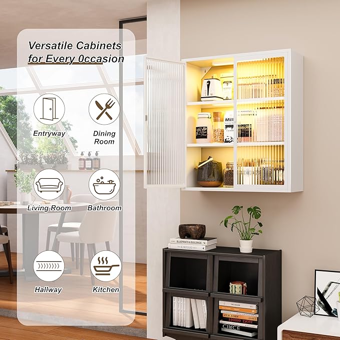 Bathroom Wall Cabinet Over Toilet, Metal Laundry Room Cabinets Wall Mounted, Metal Medicine Cabinets with Glass Doors, Hanging Wall Cabinets for Living Room, White
