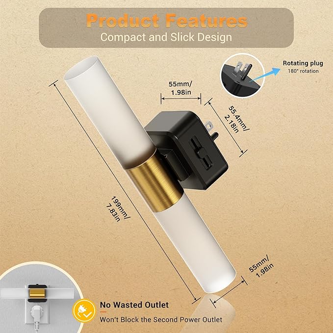JandCase LED Night Light, Night Lights Plug into Wall, 3000K Soft White, 0-100LM Adjustable Brightness, 180° Rotating Plug in Night Light with Auto Light Sensor for Bedroom Bathroom Hallway