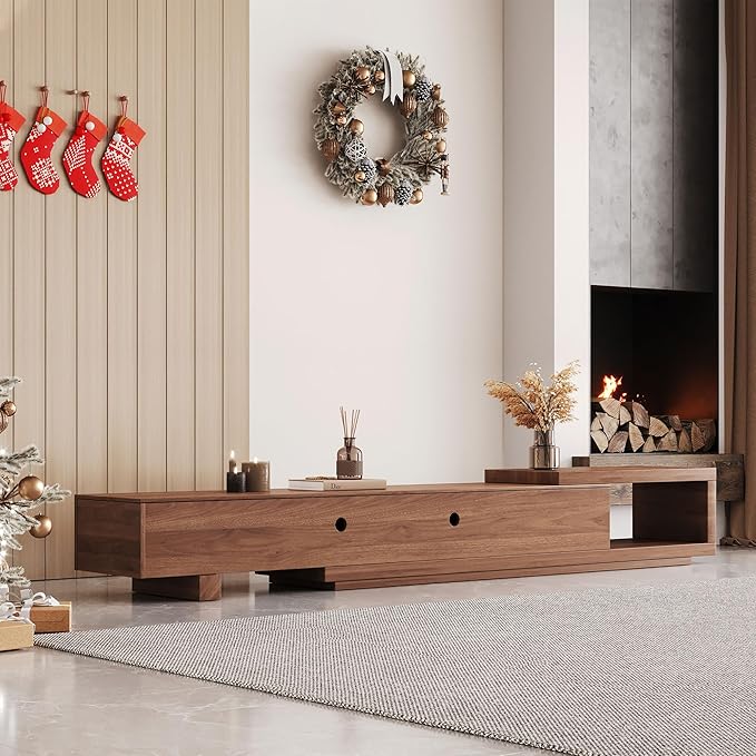 NessCarsti Mid Century Modern TV Stand for 75+ Inch TVs, Extendable Media Console (78"-103") with Ample Storage - Sleek Walnut Entertainment Center for Living Room