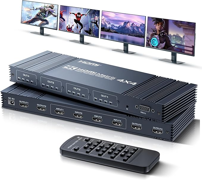4x4 HDMI Matrix Switch 4K 30Hz, 4 in 4 Out HDMI Switch with Remote Supports HDR, 3D, HDMI 1.4, HDCP 1.4, Downscaler 4K & 1080P, 4 Way HDMI Splitter Switch for Fire TV Stick, Xbos, PS4/5