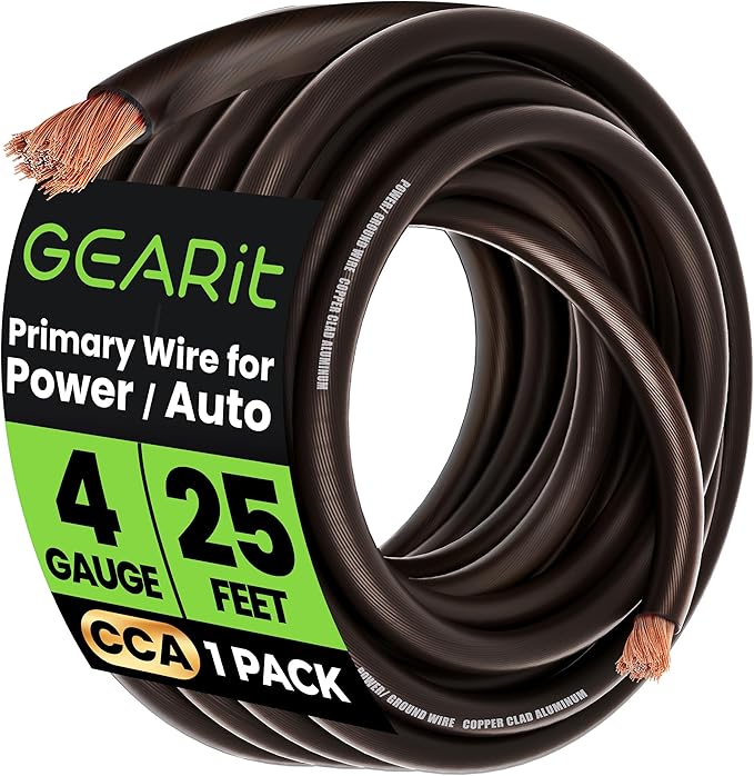 GEARit 4 Gauge Wire (25ft - Black Translucent) Copper Clad Aluminum CCA - Primary Automotive Wire Power/Ground, Battery Cable, Car Audio Speaker, RV Trailer, Amp, Electrical 4ga AWG 25 Feet