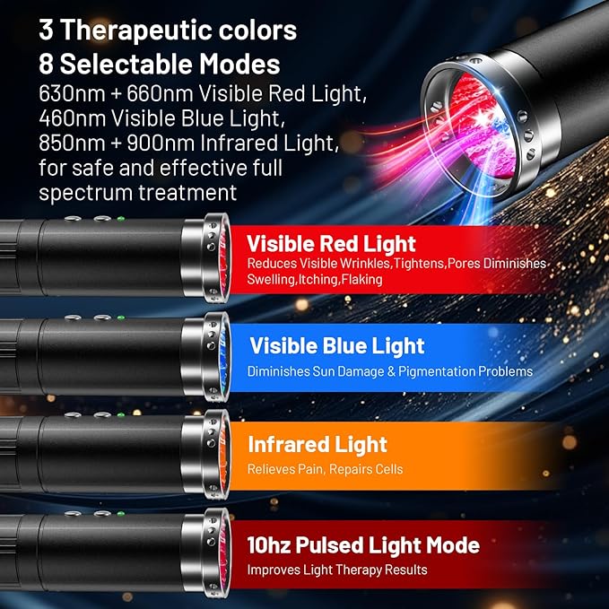 HomeCare 5-in-1 Red Light Therapy Wand, Portable Handheld Red Light Therapy Device for Body & Face Care, 5 Wavelengths & 10Hz Pulse, 4 Light Modes for Home Wellness, Rechargeable with Memory Function