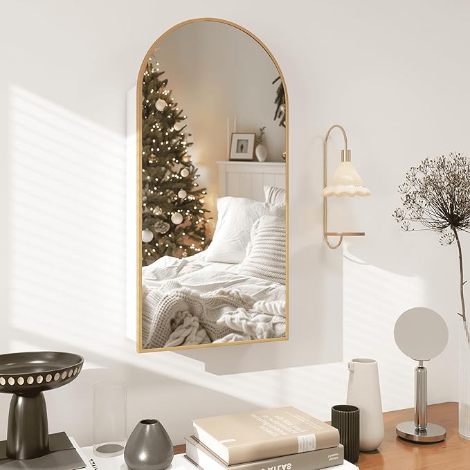 Gold Medicine Cabinet Mirror,Left or Right Opening,Arched Medicine Cabinet Mirror Wall Mounted,Bathroom Mirror with Storage, Adjustable Shelves, Not Recessed, 16x32 inch