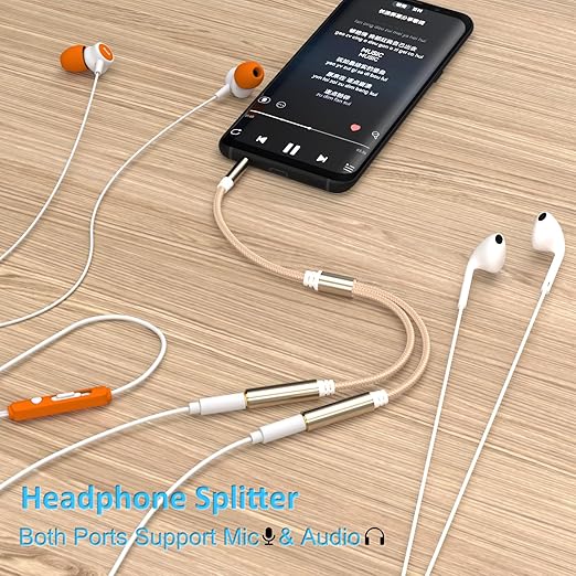 3.5mm TRRS Splitter for 2 Headphones 1FT 2-Pack, Audio & Mic, 3.5 mm Aux Jack Cable 1 in 2 out, Dual 1/8" Stereo Female Adapter, Double Headset Split Y Cord 2 Way for Phone/Tablet/Laptop/PC/MP3, Gold