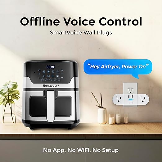 Emerson SmartVoice 4-in-1 Wall Plug, Offline 30+ Voice Control Commands, No APP, No WiFi, No Setup, Smart Outlet w/ 2 AC Outlets, 2 USB-A Ports, Sleep & Wake Timer, ETL Listed