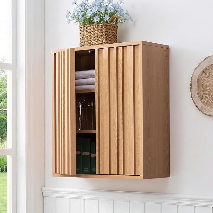 Fluted Wall Cabinet for Bathroom, Modern Wood Hanging Storage Organizer with Push-to-Open Doors, Sturdy 15mm Thick Board, Adjustable Shelves, Over Toilet Medicine Cabinet, Natural Oak Finish