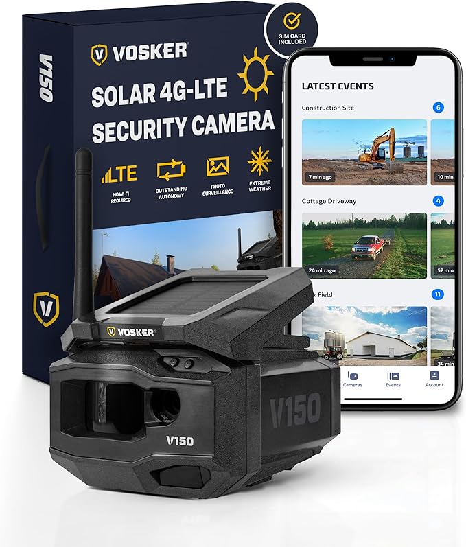 Vosker V150 Solar-Powered LTE Cellular Photo Security Outdoor Camera | Motion Activated Photo Capture Nightvision Wireless Camera | Receive Photos only - No Video | on Your Mobile App