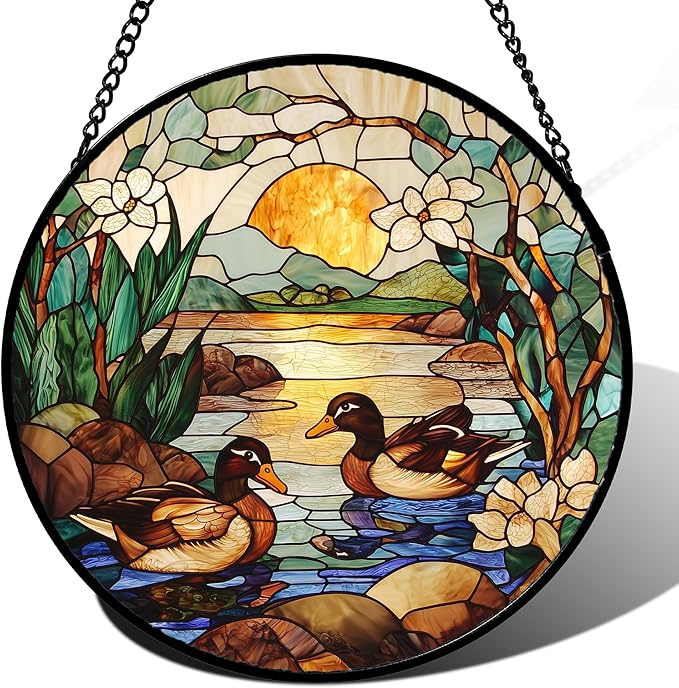 AMDERVEN Stained Glass Window Hanging, Ducks in The Pond Sun Catcher for Door Home Decor Landscape Plant Suncatcher Christmas Mother's Day Birthday Gifts for Women Men Mom Nana 15 in