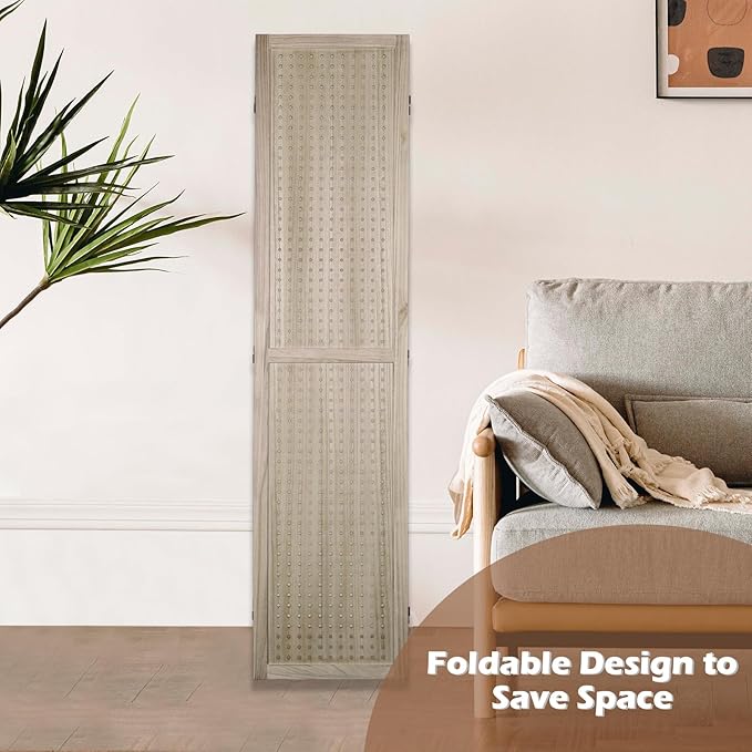 ECOMEX 6 Panel Room Divider, 5.6Ft Pegboard Display Wooden Folding Privacy Screen Freestanding Peg Board for Trade Show Craft Show Home Wall Organizer, Natural Wood