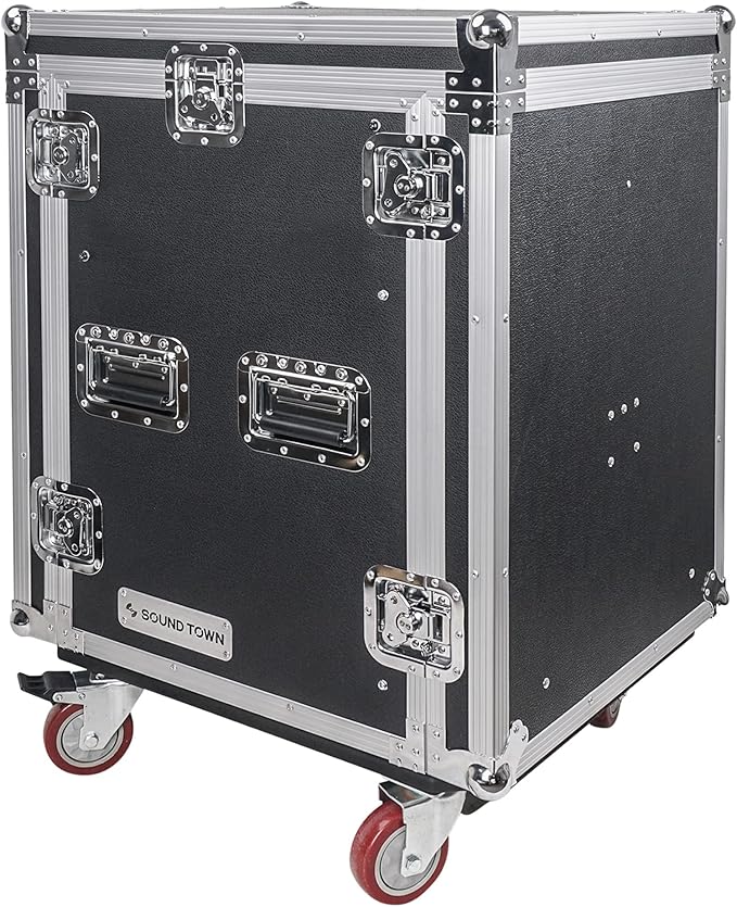 Sound Town Heavy-Duty 1/2" (12mm) 14U PA DJ Rack/Road Case with 11U Slant Mixer Top, 20’’ Rackable Depth and Casters, 14-Space ATA Case, Pro Tour Grade (STMR-14UW)