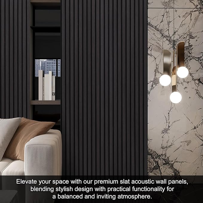QDYMXUN Wood Slat Acoustic Wall Panels, 4-Pack 94.5'' x 7.9'' 3D Fluted Sound Absorbing Paneling for Interior Accent Wall Decor, Living Room (Matte Black)