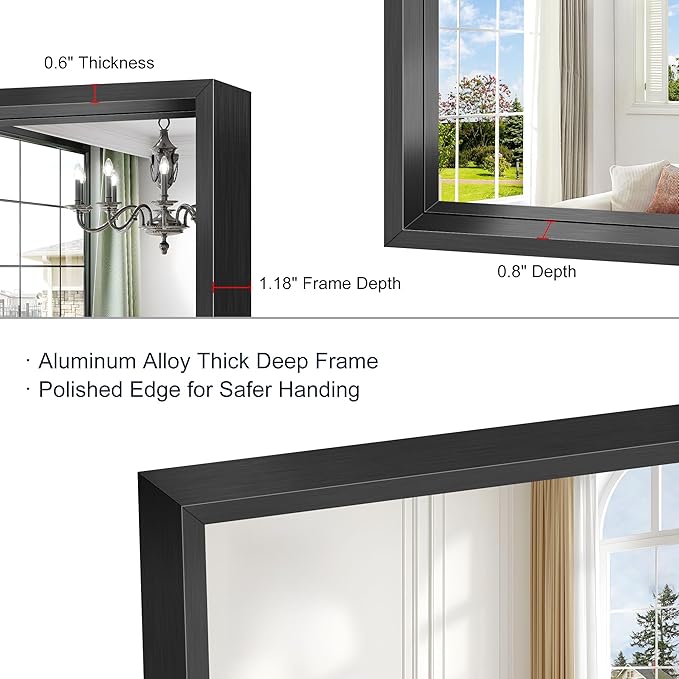 Black Bathroom Mirror, 30x30 Square Mirrors for Wall, 0.6" Thickened Deep Frame, Brushed Black Rectangle Mirrors for Over Sink, Shatterproof Tempered Glass, Antirust, Horizontally or Vertically