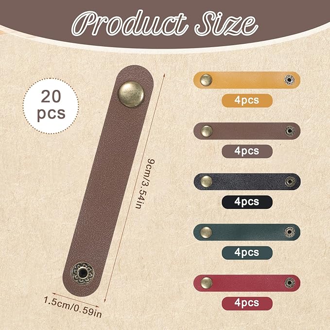 20 PCS PU Leather Cord Organizer, Multicolor Leather Cable Ties Portable Snap Cable Strap Charging Cables Cords Organizer Reusable Cord Keepers Multipurpose Winder for Men Women (5 Colors)