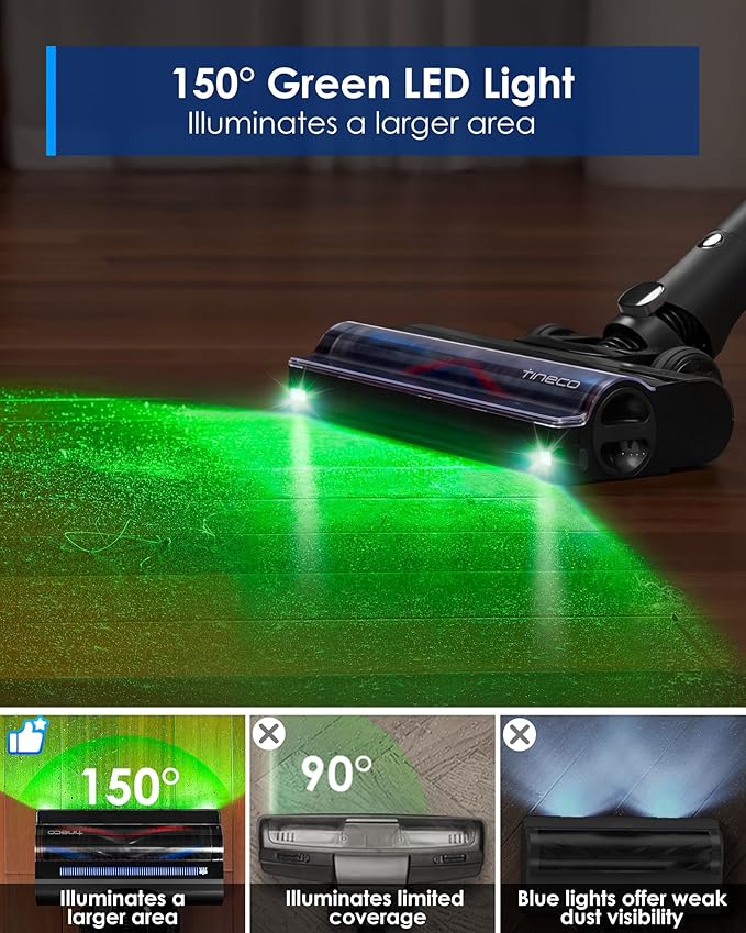 Tineco Pure ONE A90S Cordless Vacuum Cleaner, 270AW Powerful Suction Stick Vacuum Cordless Rechargeable, Up to 105min Runtime, 3DSense Master Brush, 150° Green LED Light with Floor Type Detection