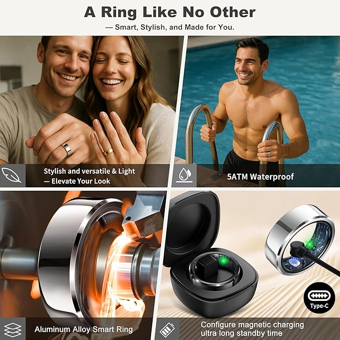 Smart Ring for Women Men, Fashion Minimalist Fitness Ring & Sleep Tracker Ring with Heart Rate, Blood Pressure,5ATM Waterproof Health Ring, No Subscription, Gifts for Women Men Gift (Silver,12)