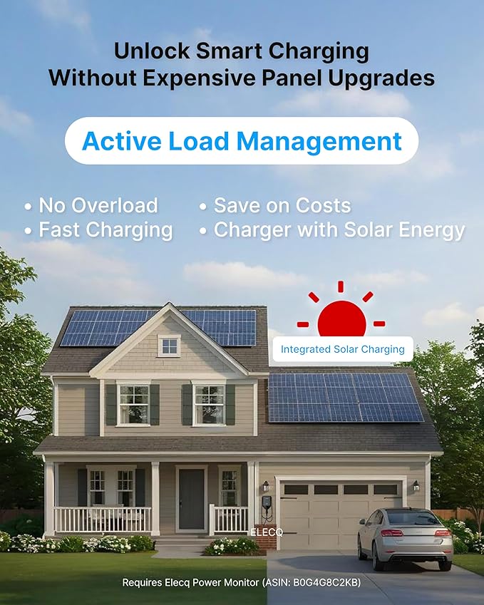 ELECQ Home EV Charger Level 2, Active Load Management, Solar Charging Modes, OCPP Compatible & Future-Proof, 50A Hardwired EVSE with J1772 Connector