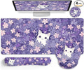 LIMKRIAN Purple Mouse Pad Large Desk Mat Set, Kawaii Cat Computer Mouse Pad with Wrist Rest Keyboard Wrist Support XXL Mousepad Cup Coaster Set, Cute Purple Office Desk Accessories Cat Decor Supplies