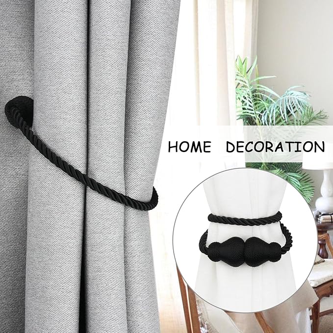 Nieffeiy Magnetic Curtain Tiebacks Outdoor Curtain Tie Backs Rope Decorative Magnetic Curtain Holders for Drapes Window Treatment Holdbacks, Black 2Pack