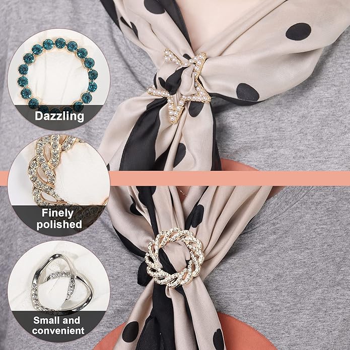 T-Shirt Clips 9 PCS, Clothes Corner Knotted Button, Fashion Alloy Pearl Rhinestone Circle Clip Buckle Round Shirt Silk Scarf