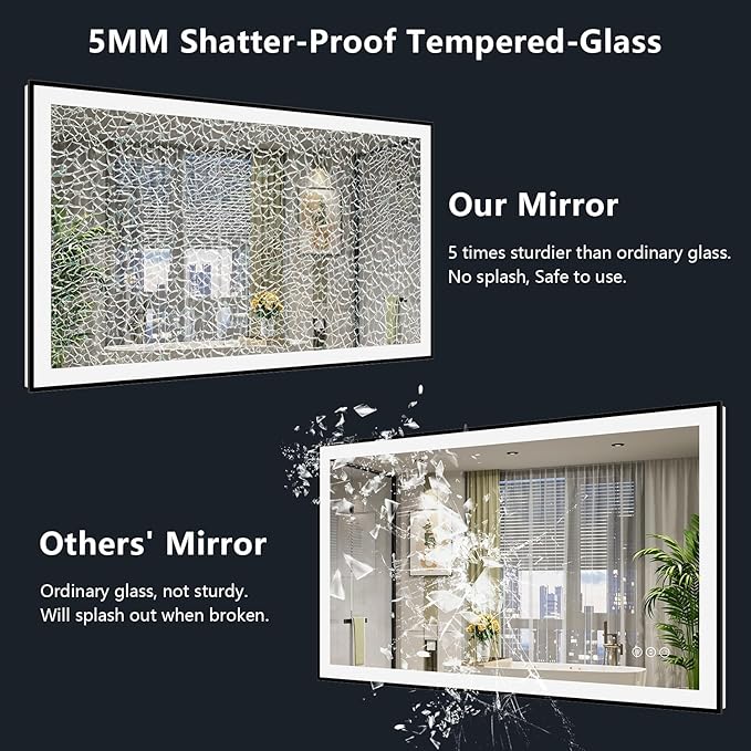 YEELAIT 55x40 Inch LED Bathroom Mirror with Lights (Front Lit and Backlit) Black Framed Lighted Vanity Mirror for Bathroom Wall Dimmable Anti-Fog Memory Tempered Glass Horizontal/Vertical
