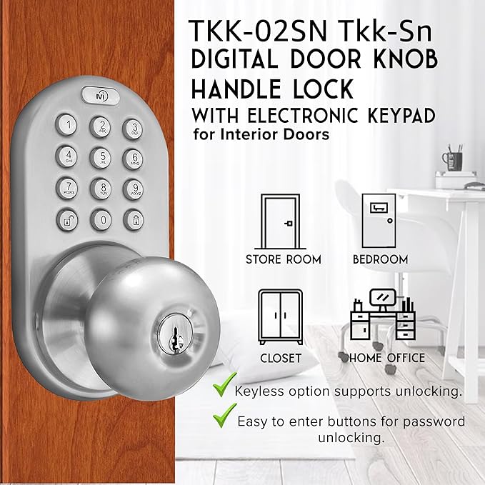 MiLocks TKK-02SN Tkk-Sn Digital Door Knob Lock with Electronic Keypad, Satin Nickel, Keypad, Keyless