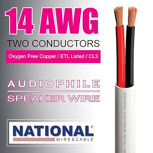 NATIONAL Wire&Cable - 14/2 Audiophile Speaker Wire (1000 Feet) 14AWG Gauge - Made in USA - in Wall Audio Speaker Wire Cable/CL Rated/ETL Listed / 2 Conductors - Oxygen-Free Copper, White 1000ft