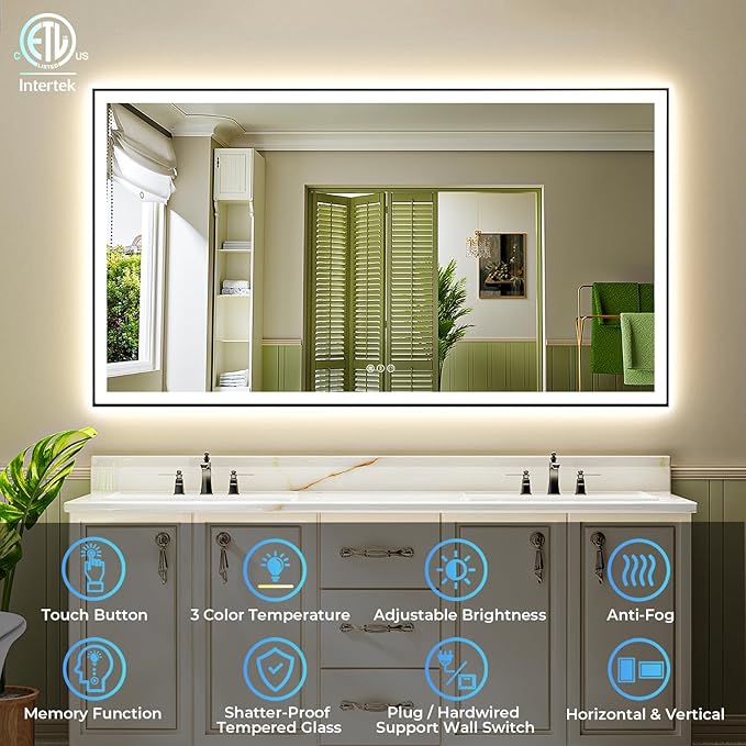 YEELAIT 60x36 Inch LED Bathroom Mirror with Lights (Front Lit and Backlit) Black Framed Lighted Vanity Mirror for Bathroom Wall Dimmable Anti-Fog Memory Tempered Glass Horizontal/Vertical