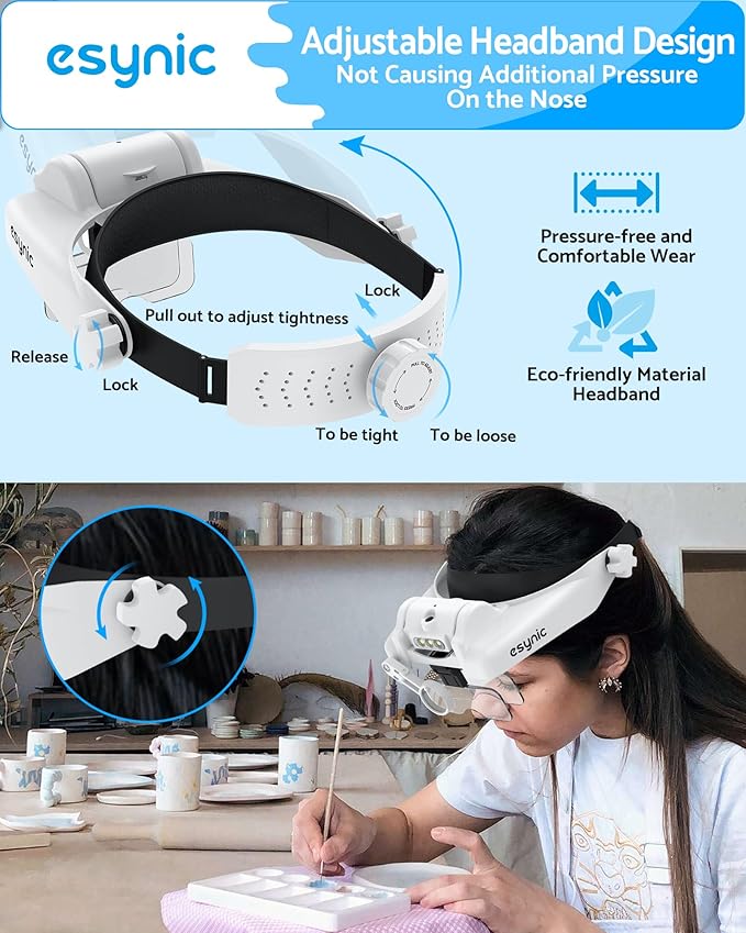 eSynic Comfortable Head Magnifier with Light Storage Case Rechargeable 1X-14X 5 Acrylic Lenses Double Lens Design Adjustable Headband Magnifying Glass for Reading Crafts Jewelry Repair Close Work