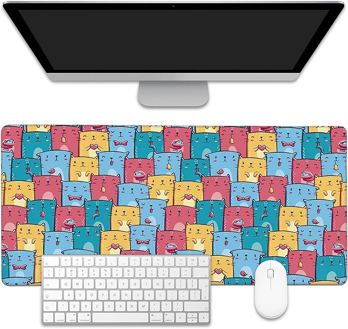 EOBKLAX Kawaii Colorful Cats Desk Mat,Large Gaming Mouse Pad,Non-Slip Rubber Base Desk Pad with Stitched Edges for Desk Office Home Decor 35.4X15.7 Inch