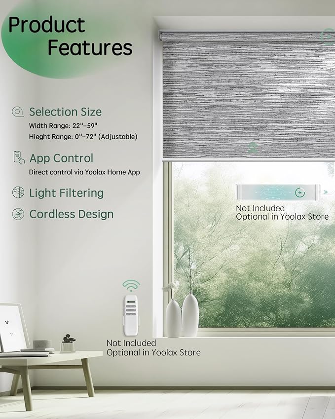 Yoolax Motorized Blinds App Control, Light Filtering Motorized Shades for Windows, Cordless Automatic Roller Shades for Bedroom Living Room Office(Light Filtering Jacquard Gray, 35" W x 72" H)