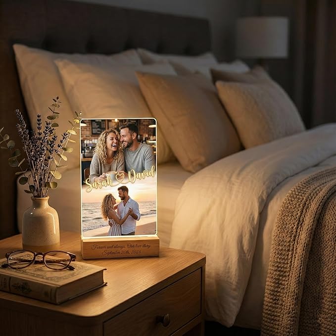 MamaEra Valentine’s Day Gift for Him - Personalized Photo Collage Night Light for Couples - Custom Acrylic LED Lamp with Names & Engraved Wooden Base - Romantic Anniversary, Wedding