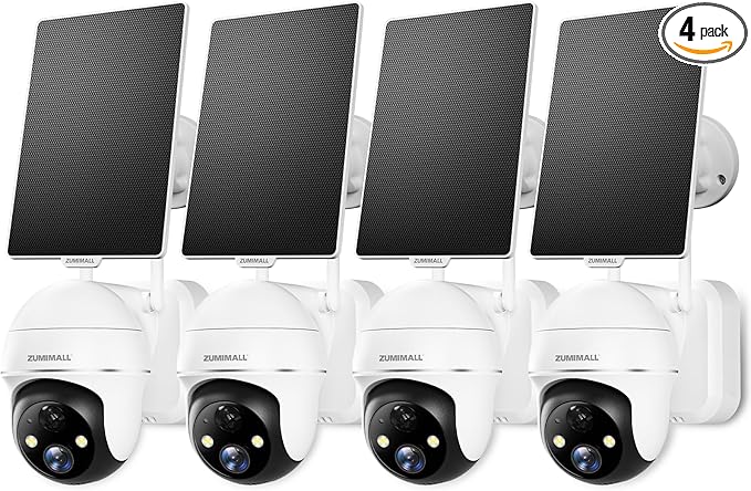 ZUMIMALL 2K Solar Security Cameras, 360° View Outdoor Camera Wireless Solar Powered, 2.4G WiFi Only, Spotlight/Siren/3MP Color Night Vision/2-Way Audio/AI Detection/IP66, Work with Alexa, 4-Pack