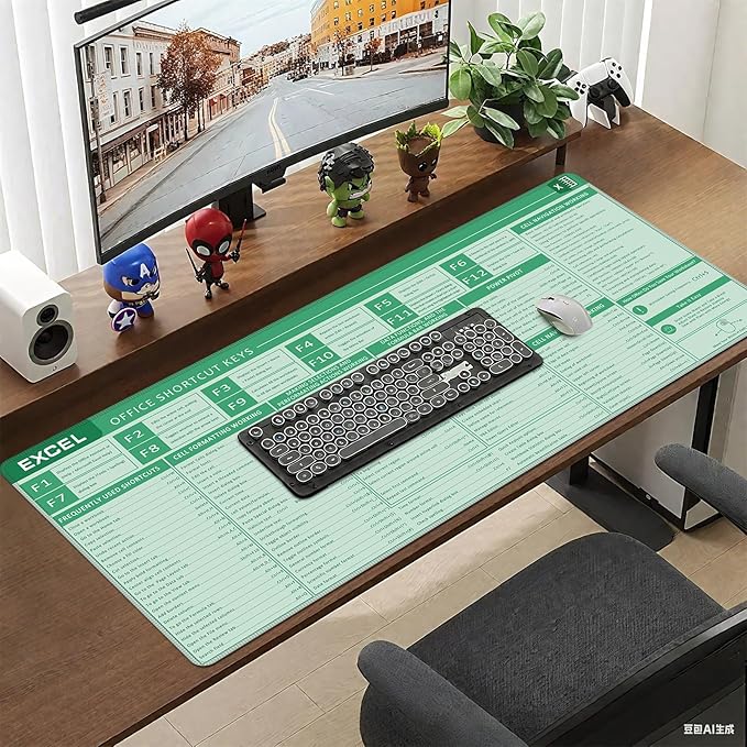 Baziabbo Office Desk Mat, Excel Cheat Sheet Keyboard Mat, Excel Shortcut Desk Pads,Non-Slip Excel Mousepad with Stitched Edges for Computer (Sheet Green)
