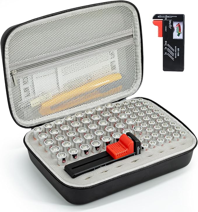 stukcaze Battery Organizer Storage Case with Tester for AA AAA Button Battery Holder Carrying 3 Batteries Variety Pack 88 Batteries Zipper Mesh Bag (Batteries Not Included)