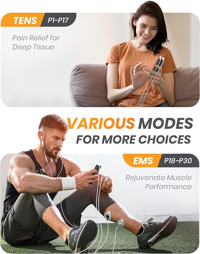 AVCOO 30 Modes TENS EMS Unit Compact Muscle Stimulator for Pain Relief of Back, Shoulder, Neck, Rechargeable & Portable Dual Channel EMS Muscle Stimulator with 30 Intensity Levels, 12 Electrode Pads