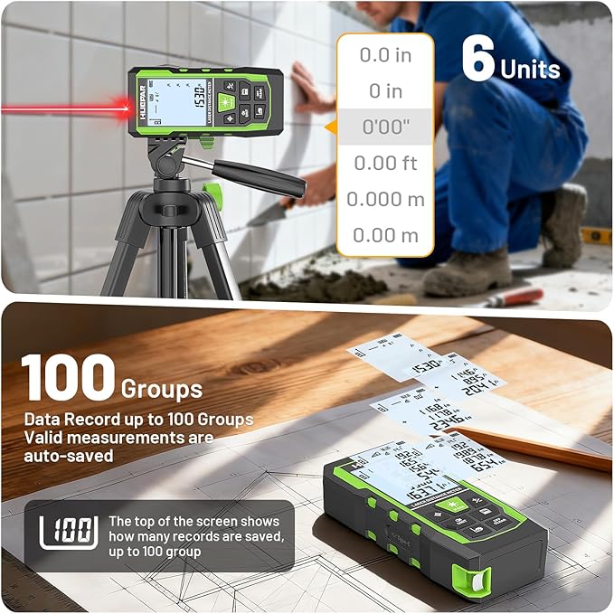 Laser Measuring Tool 3-in-1, Huepar 165 Ft Laser Measure & 33 Ft Green Cross Line Laser Level & 6.5 Ft Tape Measure, Rechargeable, Voice Broadcast, Multi-Mode, Rugged for Construction&Home Use, SW-T50