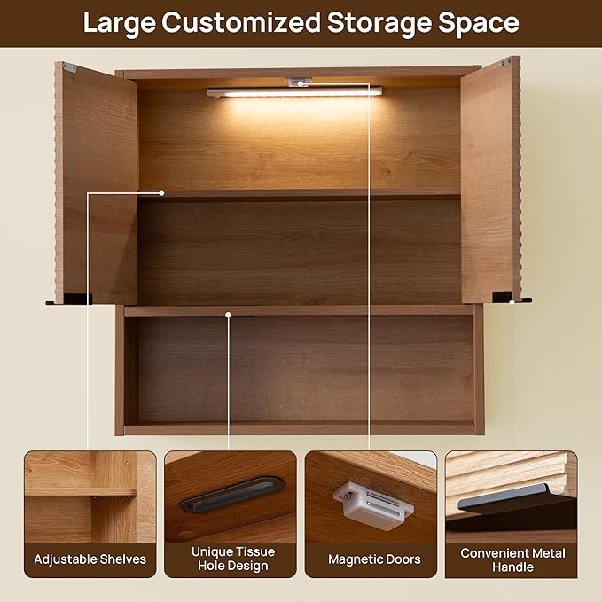 Wall Mounted Bathroom Cabinet with Motion Sensor LED Light & Tissue Dispenser, Modern Oak Medicine Cabinet Over Toilet with Fluted Door, Adjustable Shelf for Skincare & Makeup Storage