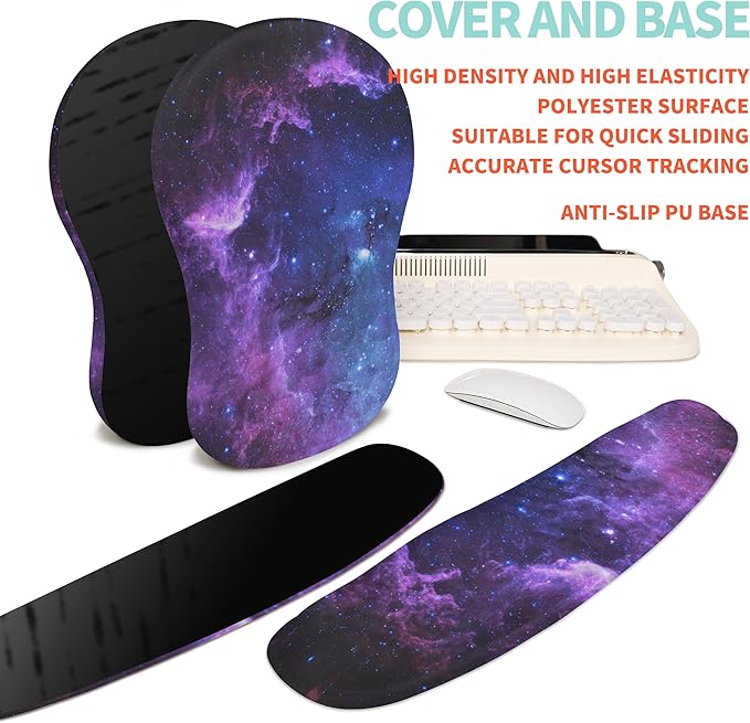 KUOSGM 2-in-1 Ergonomic Set, Wave Rise Keyboard Wrist Rest and Massage Bulge Slope Mouse Pad Wrist Support, Cushion Memory Foam Integrated to Relieve Wrist Pain, Galaxy
