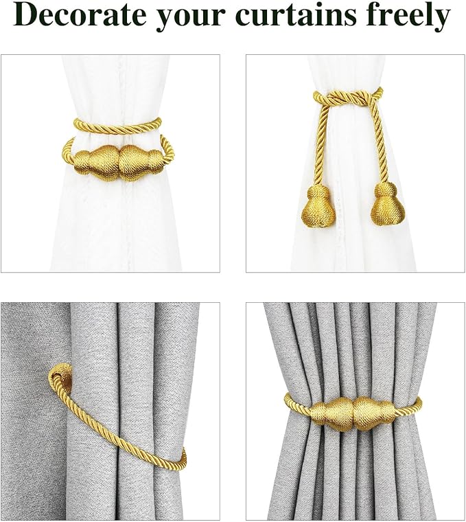 Nieffeiy Magnetic Curtain Tiebacks Outdoor Curtain Tie Backs Rope Decorative Magnetic Curtain Holders for Drapes Window Treatment Holdbacks, Gold 6Pack