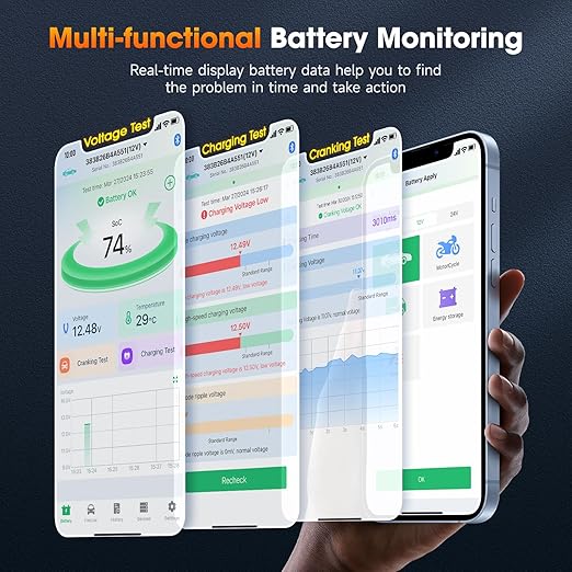 ANCEL BM Series 24V 12V 6V Battery Monitor - BM300 Pro Bluetooth 5.3 Battery Monitor with Charging, Cranking System Test & Alarm - IP67 Waterproof Voltmeter for Trucks, Cars, Motorcycles, Boats
